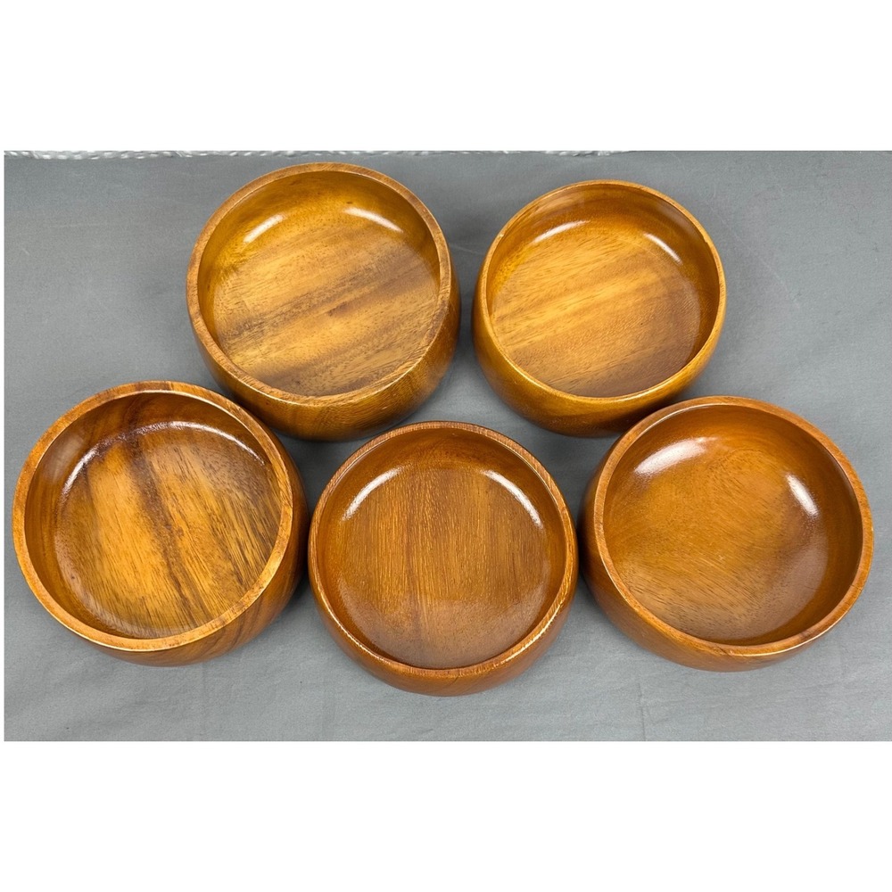 Set of 5 Solid Wood Salad Bowls Natural Wood Grain Rustic Farmhouse Kitchen